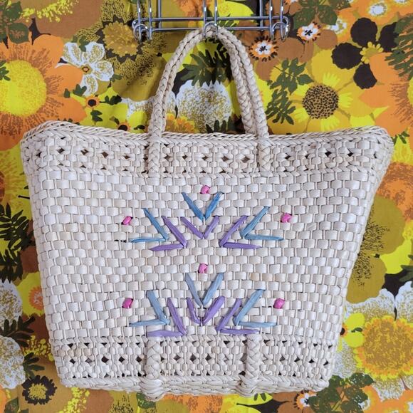 Vintage Straw Woven Wicker Tote Bag - Picture 2 of 5